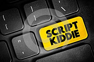 Script Kiddie is someone that uses existing software to hack computer systems belonging to others, text button on keyboard,