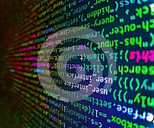 Script procedure creating. Creative Js HTML5 closeup set on background. Web site codes on computer monitor. Lots of digits on the