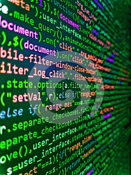 Script procedure creating. Modern application Source abstract algorithm concept. IT coding on monitor screen. Abstract screen of