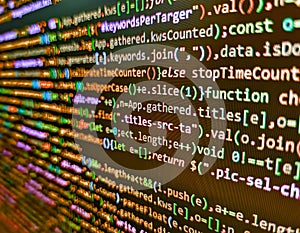Script procedure creating. Software developer programming code. New technology revolution. Programmer working on computer screen.