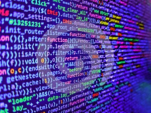 Script procedure creating. Web developer programmer monitor screen display. Screen of web developing javascript code. Abstract