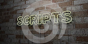 SCRIPTS - Glowing Neon Sign on stonework wall - 3D rendered royalty free stock illustration