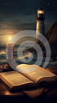 Scriptures open with a lighthouse and candle