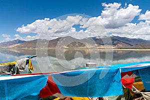 Scriptures of Tibetan Buddhism printed on blue prayer flags with clear tranquil lake