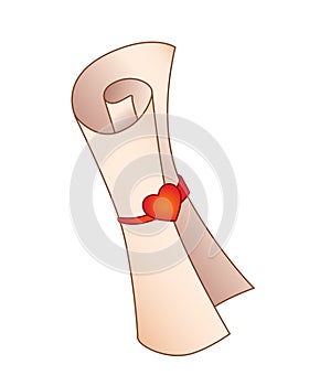 Scroll of aged yellowish paper tied with a ribbon with a seal in the form of a heart - vector full color picture. Love message fol