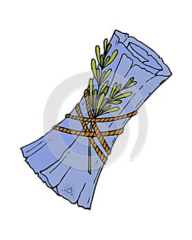 Scroll with branch of rosemary tied with rope, witchcraft, conspiracies, spells, halloween attribute, hand drawn doodle