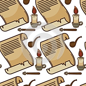 Scroll and candle paper parchment or papyrus seamless pattern