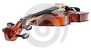 Scroll of classical wooden fiddle close up