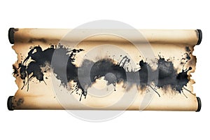 A scroll covered in deep ink stains.
