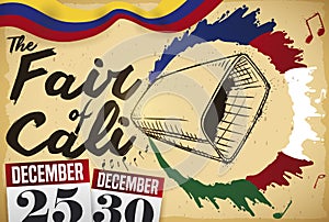 Scroll with Cowbell Draw, Flag and Calendars for Cali Fair, Vector Illustration