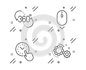 Scroll down, 360 degree and Time management icons set. Gears sign. Mouse swipe, Virtual reality, Office clock. Vector