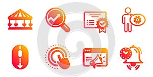 Scroll down, Cogwheel and Carousels icons set. Seo marketing, Click hand and Certificate signs. Vector