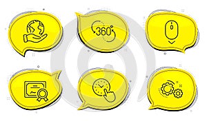 Scroll down, 360 degree and Time management icons set. Gears sign. Mouse swipe, Virtual reality, Office clock. Vector