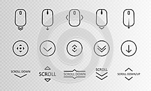 Scroll down icon. Scrolling mouse symbol for web design isolated on transparent background. Modern vector illustration