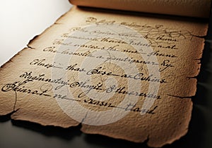A scroll with elegant, cursive handwriting on aged, textured paper.