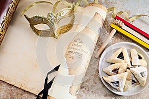 Scroll of Esther, haman's ears cookies.and Purim Festival objects