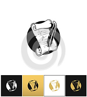 Scroll with feather pen vector icon