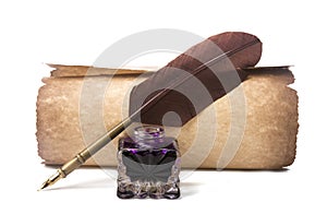 Scroll and fountain pen with feather near inkstand isolated on white photo