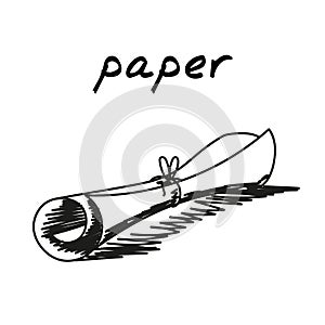 Scroll hand-drawn illustration. Cartoon vector clip art of an old paper document tied with thread. Black and white sketch of the
