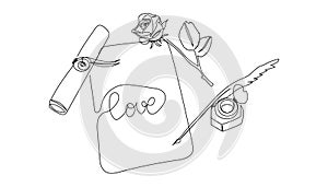 Scroll with inkwell, feather, rose continuous line drawing. One line art of letter, candlestick, romantic, 14 february, heart,