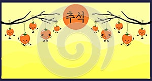 Scroll with the inscription. Persimmon character. Translated from Korean Chuseok. Flat design style. Concept holiday card, poster
