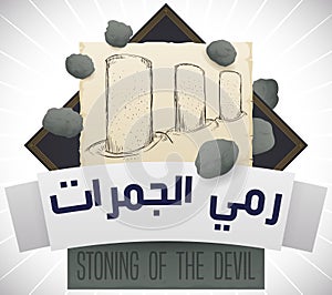 Scroll, Label and Pebbles for Stoning of the Devil Ritual, Vector Illustration