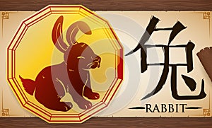 Scroll with Medal with Chinese Zodiac Rabbit over Wooden Background, Vector Illustration photo