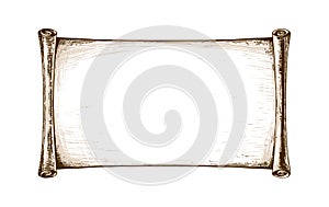 Scroll of old parchment, paper in roll, vintage drawing with place for text. Stry vector line drawing isolated on white