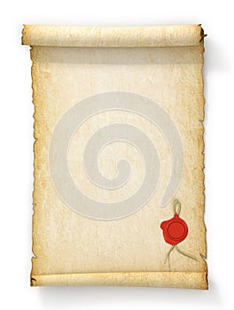 Scroll of old yellowed paper with a wax seal