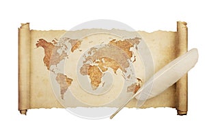 Scroll Paper with World Map and Feather