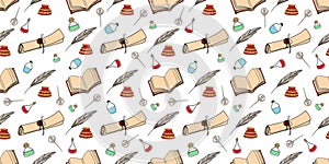 Scroll, papyrus, quill and ink. Old scrolls pattern. Research and scientific activity concept. illustration