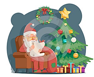 Scroll Wishes Paper Santa Claus Sit Armchair Pleased Happy Satisfied Christmas Gift Bag Cartoon Character Design photo