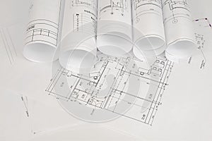 Scrolls of architectural drawings