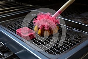 scrub brush and cleaning solution on oven grates