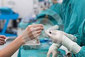 Scrub nurse preparing medical solution