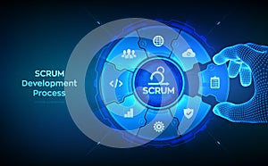 SCRUM. Agile development methodology process. Iterative sprint methodology. Programming and application design concept. Wireframe