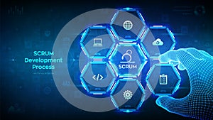 SCRUM. Agile development methodology process. Iterative sprint methodology. Programming and application design concept. Wireframe