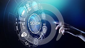 SCRUM, Agile development methodology, programming and application design technology concept on virtual screen.