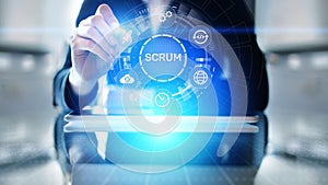 SCRUM, Agile development methodology, programming and application design technology concept on virtual screen.