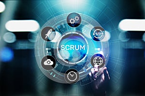 SCRUM, Agile development methodology, programming and application design technology concept on virtual screen.