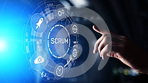 SCRUM, Agile development methodology, programming and application design technology concept on virtual screen.