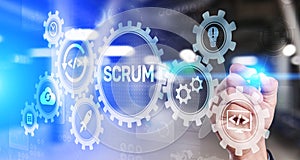 SCRUM, Agile development methodology, programming and application design technology concept on virtual screen.