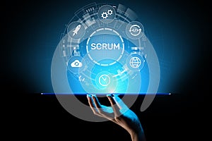 SCRUM, Agile development methodology, programming and application design technology concept on virtual screen.