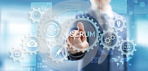 SCRUM, Agile development methodology, programming and application design technology concept on virtual screen.