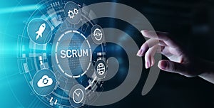 SCRUM, Agile development methodology, programming and application design technology concept on virtual screen.
