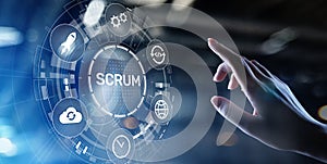 SCRUM, Agile development methodology, programming and application design technology concept on virtual screen.