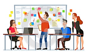 Scrum board meeting. Business team planning tasks, office workers conference and workflow plan flowchart cartoon vector