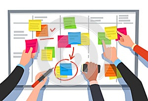 Scrum board. Task list, planning team tasks and collaboration plan flowchart. Business workflow scheme cartoon vector