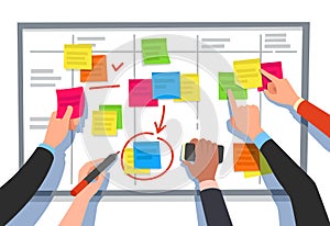 Scrum board. Task list, planning team tasks and collaboration plan flowchart. Business workflow scheme cartoon vector photo