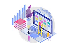 Scrum or canban task board isometric concept.